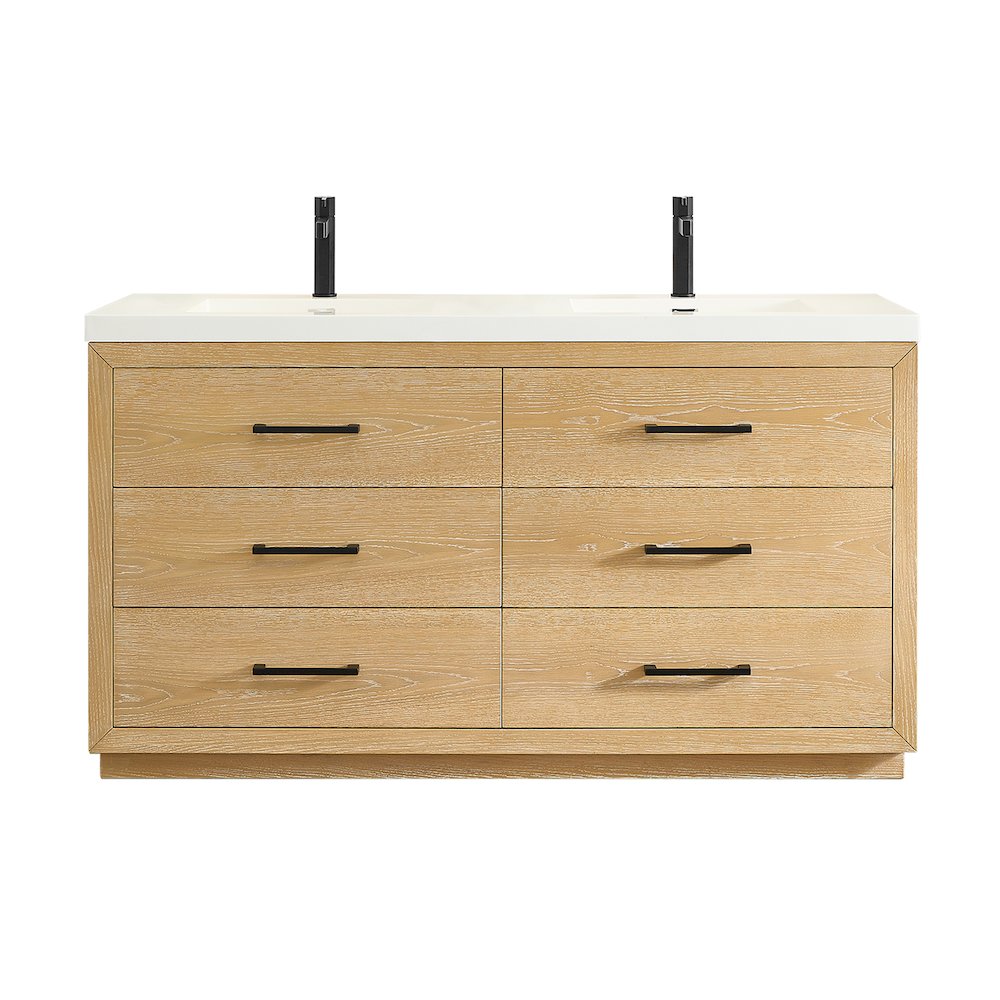 60" Double Bathroom Vanity in White Oak with White Artificial Drop-in Sink
