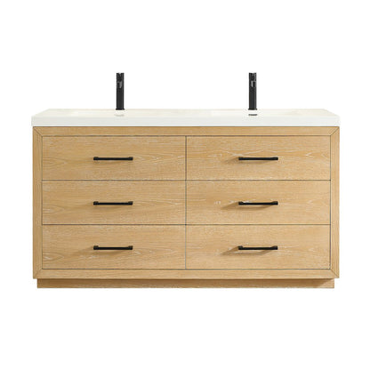 60" Double Bathroom Vanity in White Oak with White Artificial Drop-in Sink