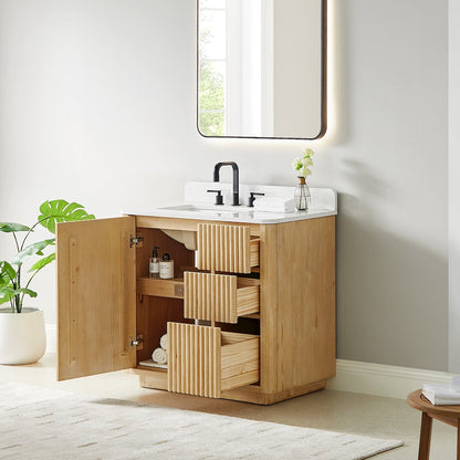 36" Single Bathroom Vanity in Washed Light Brown with Grain White