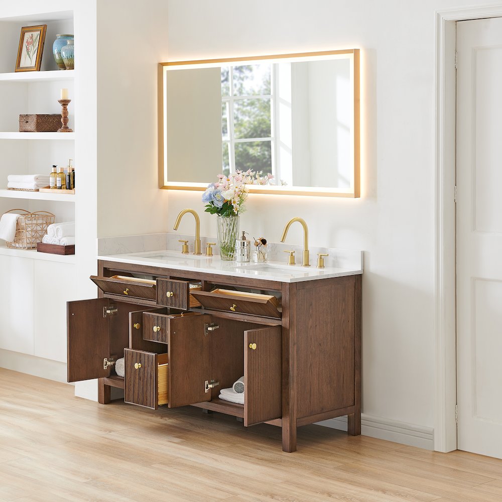 Double Bathroom Vanity in Brown Oak Grain White Engineered Stone Countertop