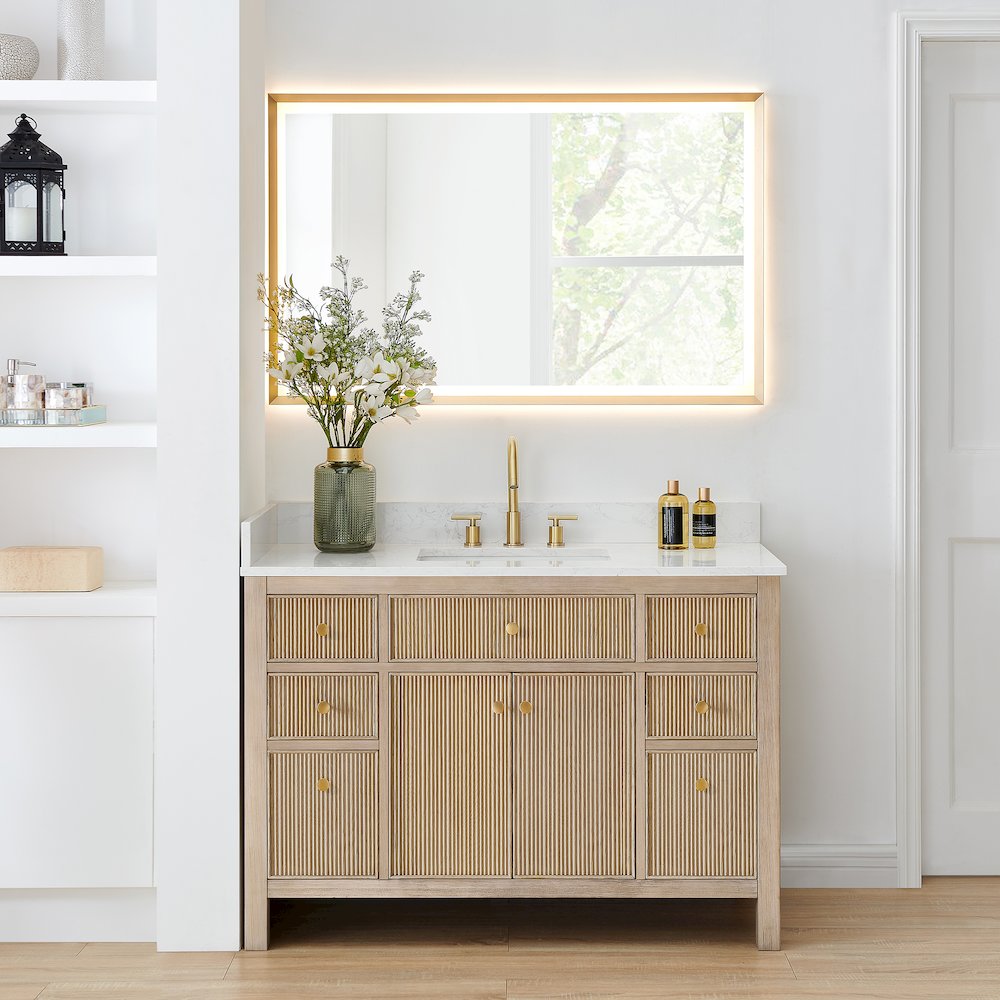 Single Bathroom Vanity in Nature Oak Grain White Engineered Stone Countertop