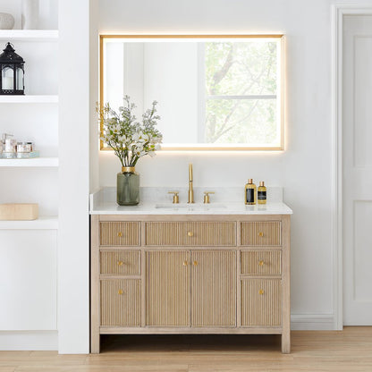 Single Bathroom Vanity in Nature Oak Grain White Engineered Stone Countertop