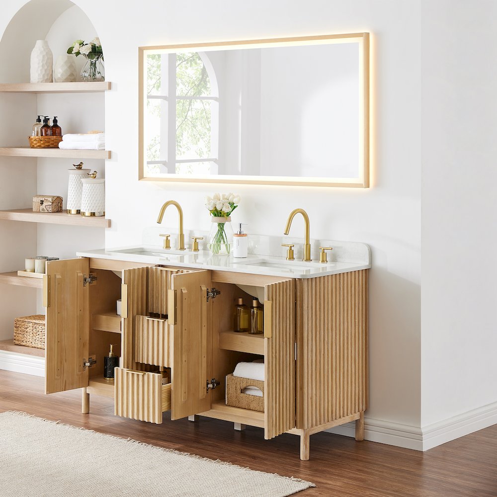 Double Bathroom Vanity in Washing Light Brown Grain White Engineered Stone