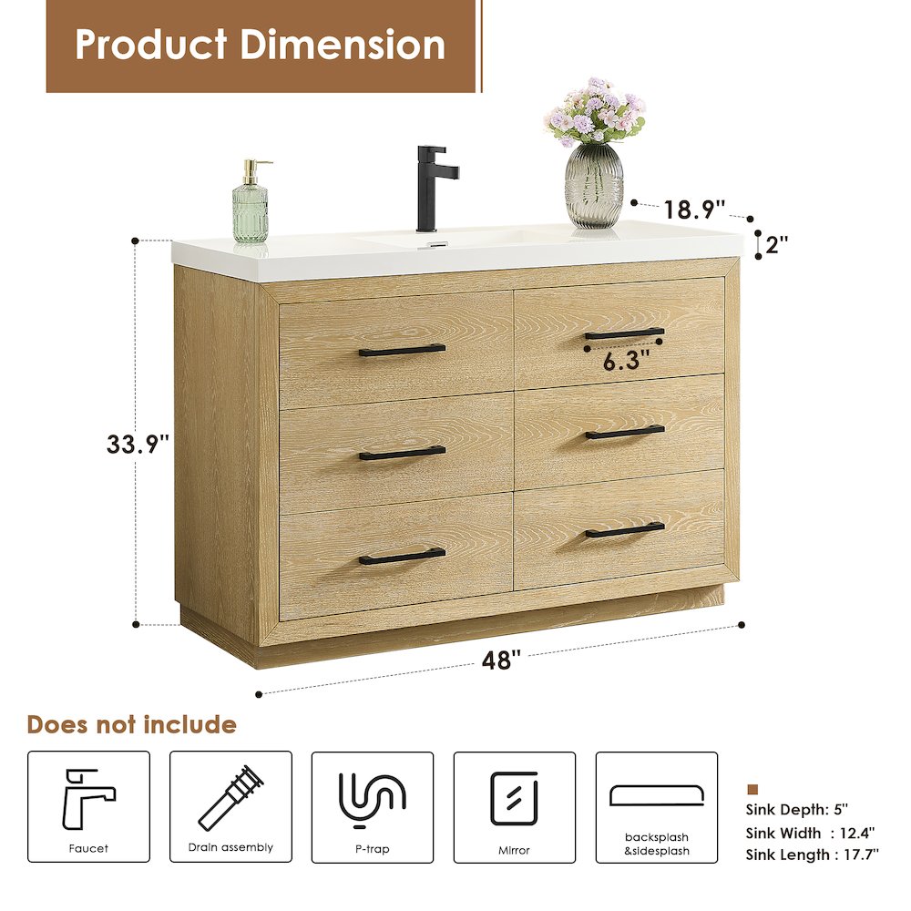 48" Single Bathroom Vanity in White Oak with White Artificial Drop-in Sink