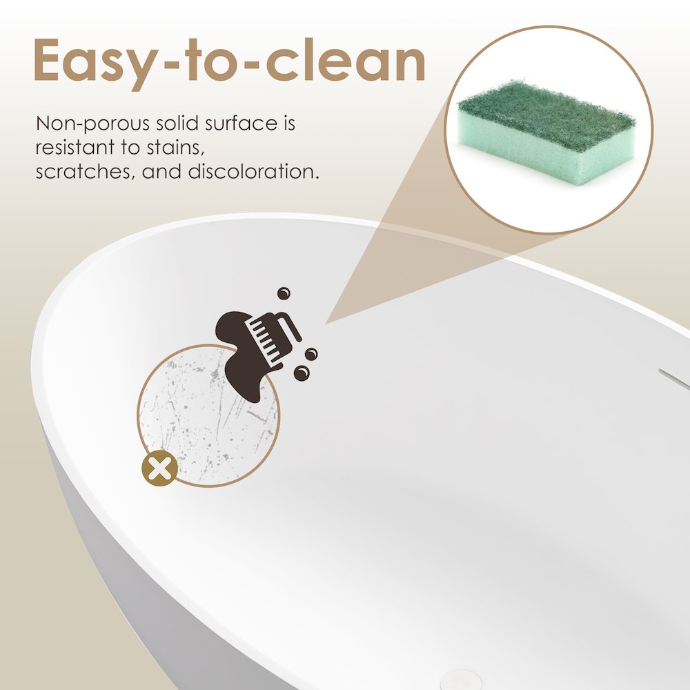 67" x 39" Solid Surface Soaking Bathtub in Matte White and Integrated Overflow