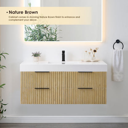 Single Bathroom Vanity in Nature Brown White Artificial Drop-in Sink