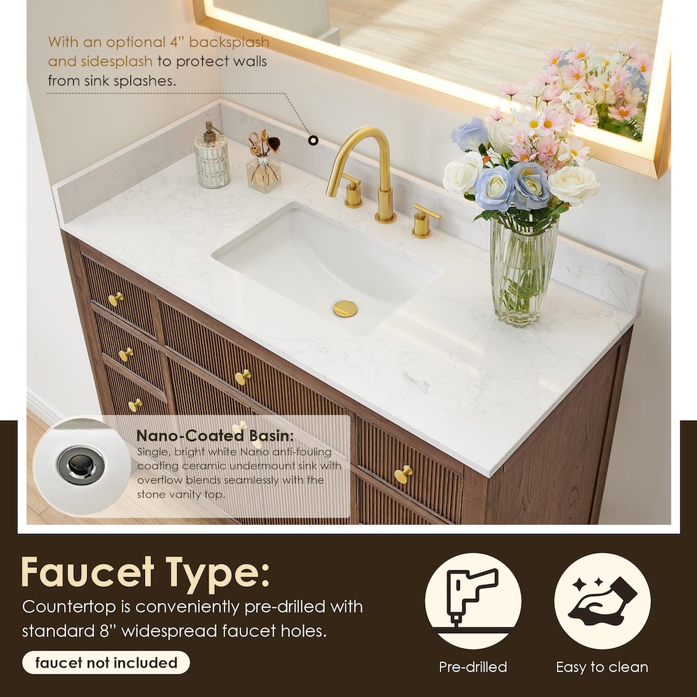 Single Bathroom Vanity in Brown Oak Grain White Engineered Stone Countertop