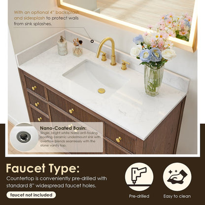 Single Bathroom Vanity in Brown Oak Grain White Engineered Stone Countertop