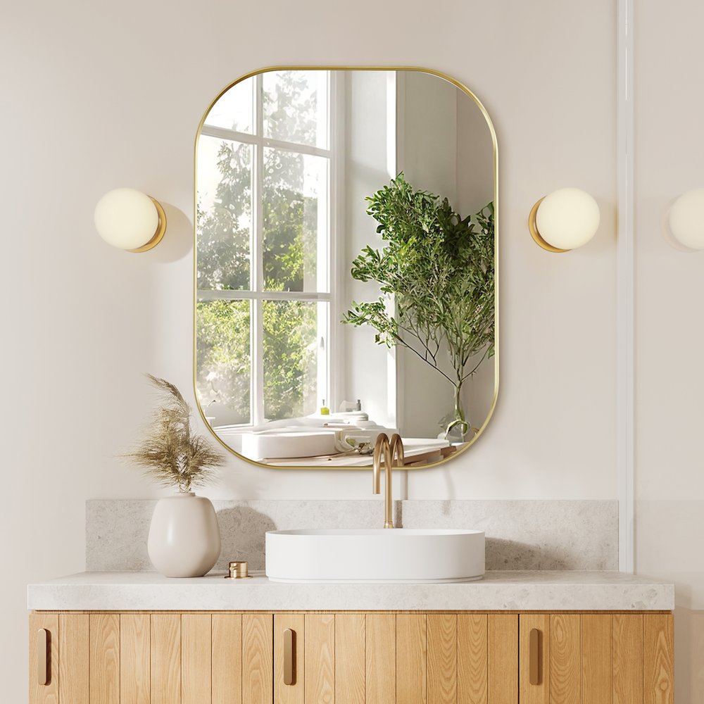 24x32" Rectangular Aluminum Framed in Brushed Gold Modern Bathroom Wall Mirror