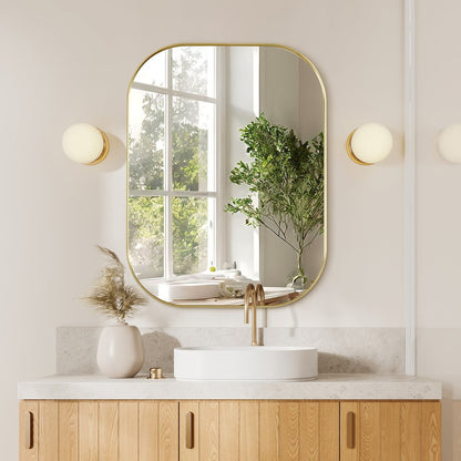 24x32" Rectangular Aluminum Framed in Brushed Gold Modern Bathroom Wall Mirror