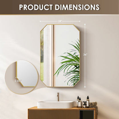 24"x36" Octagon Aluminum Framed in Brushed Gold Modern Bathroom Wall Mirror