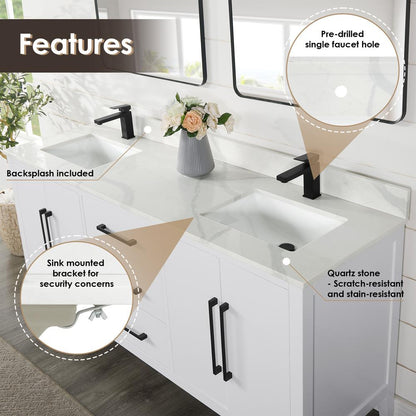 Double Bathroom Vanity in White with White Quartz Stone Countertop with Mirror