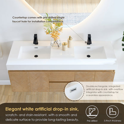 Double Bathroom Vanity in Light Brown White Artificial Drop-in Sink