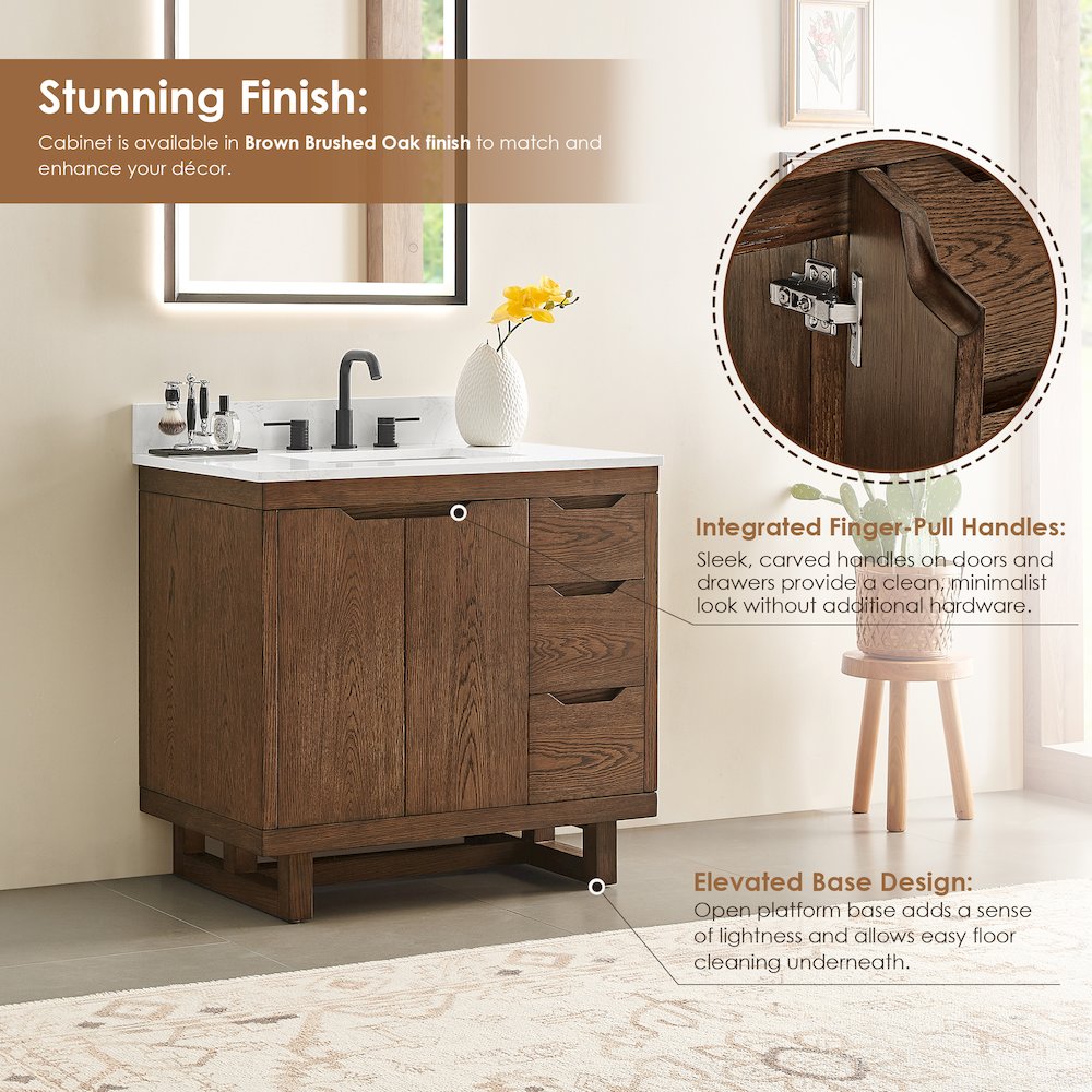 36" Single Bathroom Vanity in Brown Brushed Oak with Grain White