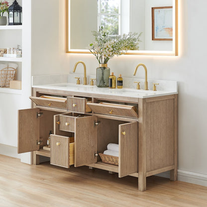 Double Bathroom Vanity in Nature Oak Grain White Engineered Stone Countertop