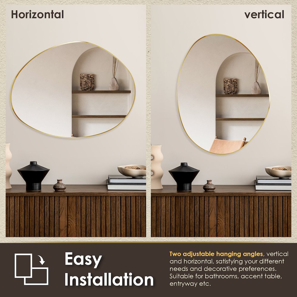 28"x36" Irregular Aluminum Framed in Brushed Gold Modern Bathroom Wall Mirror