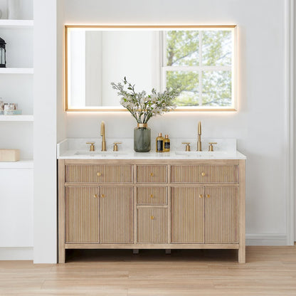 Double Bathroom Vanity in Nature Oak Grain White Engineered Stone Countertop
