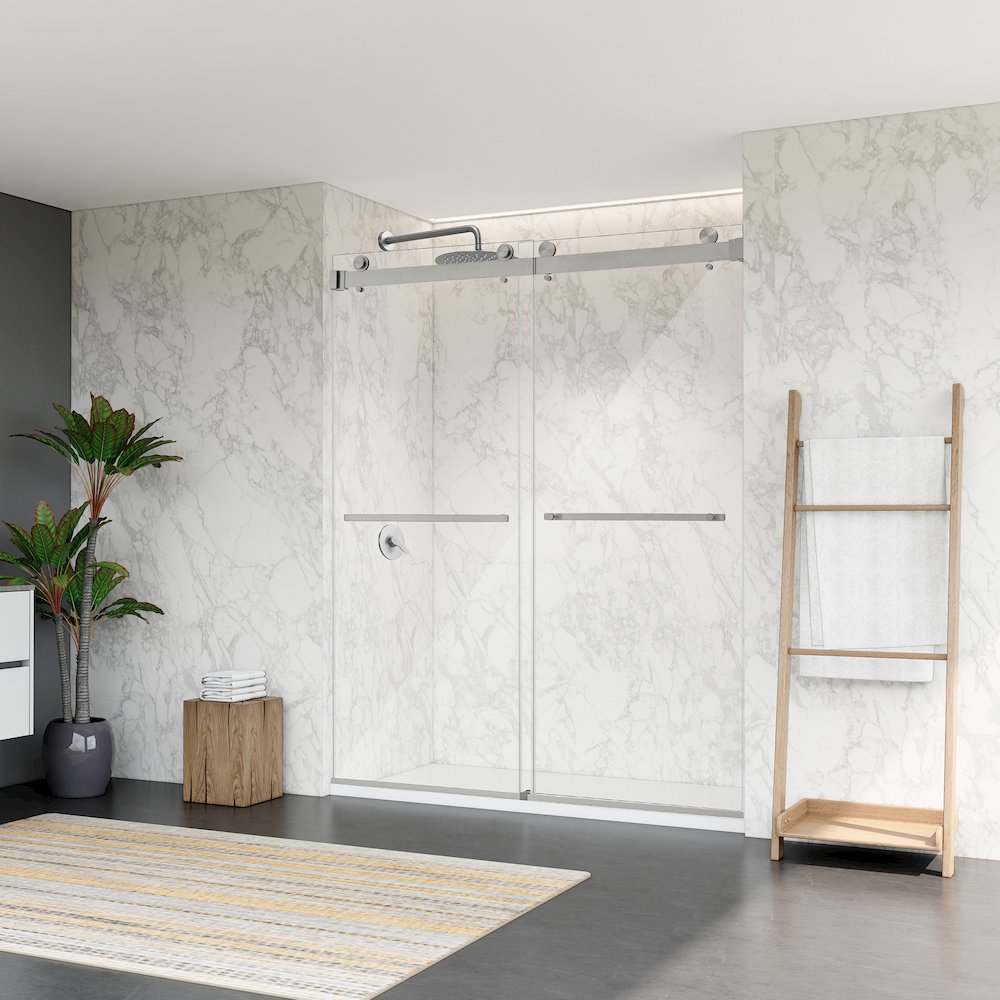 Frameless Exposed Roller Shower Door in Brushed Nickel with Clear Glass
