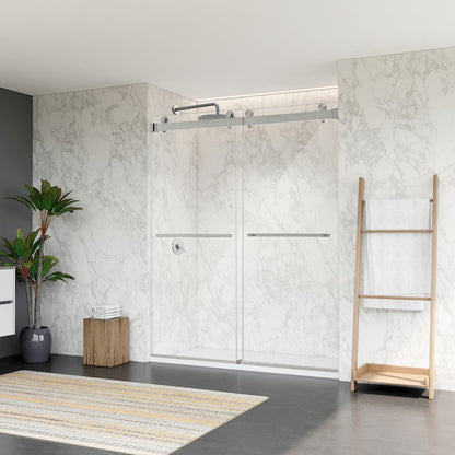 Frameless Exposed Roller Shower Door in Brushed Nickel with Clear Glass