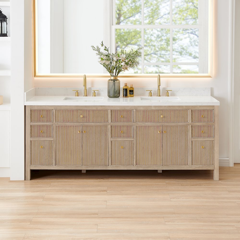 Double Bathroom Vanity in Nature Oak Grain White Engineered Stone Countertop