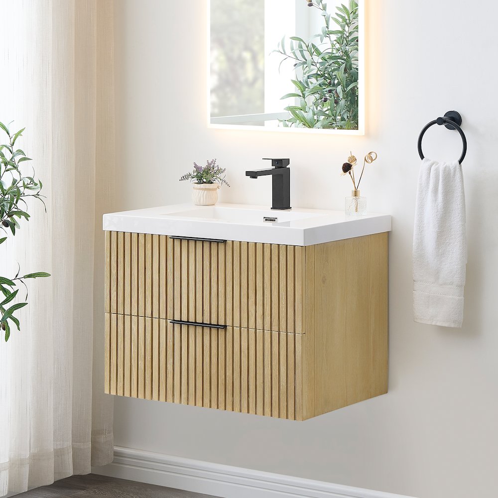 Single Bathroom Vanity in Nature Brown White Artificial Drop-in Sink