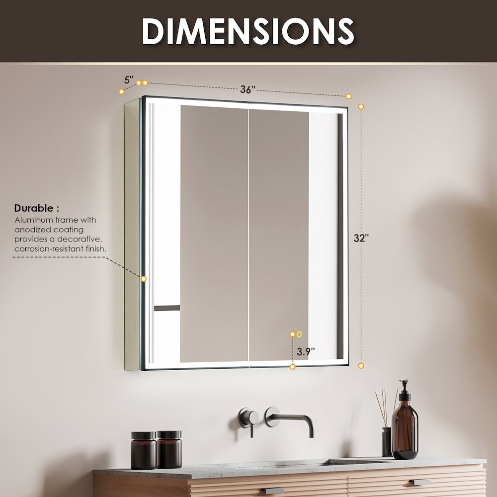 36"x32" Rectangular Bathroom Black Aluminum Mirror Medicine Cabinet