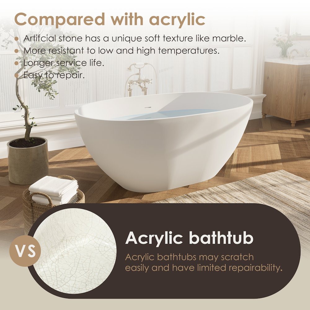55" x 30" Solid Surface Soaking Bathtub and Integrated Overflow