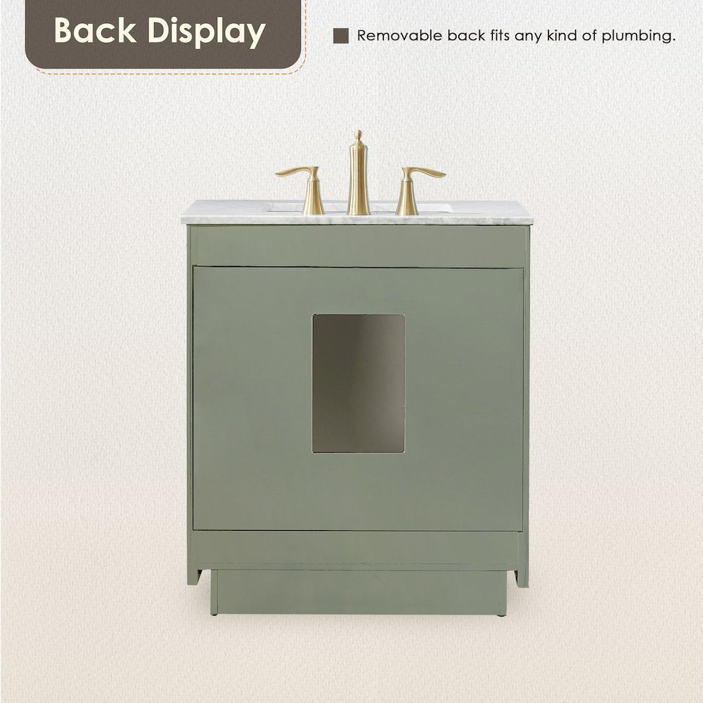 30" Single Bathroom Vanity Set in Vintage Green, Carrara White Marble Countertop