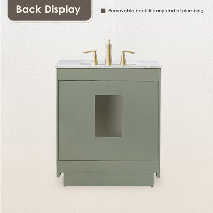 30" Single Bathroom Vanity Set in Vintage Green, Carrara White Marble Countertop