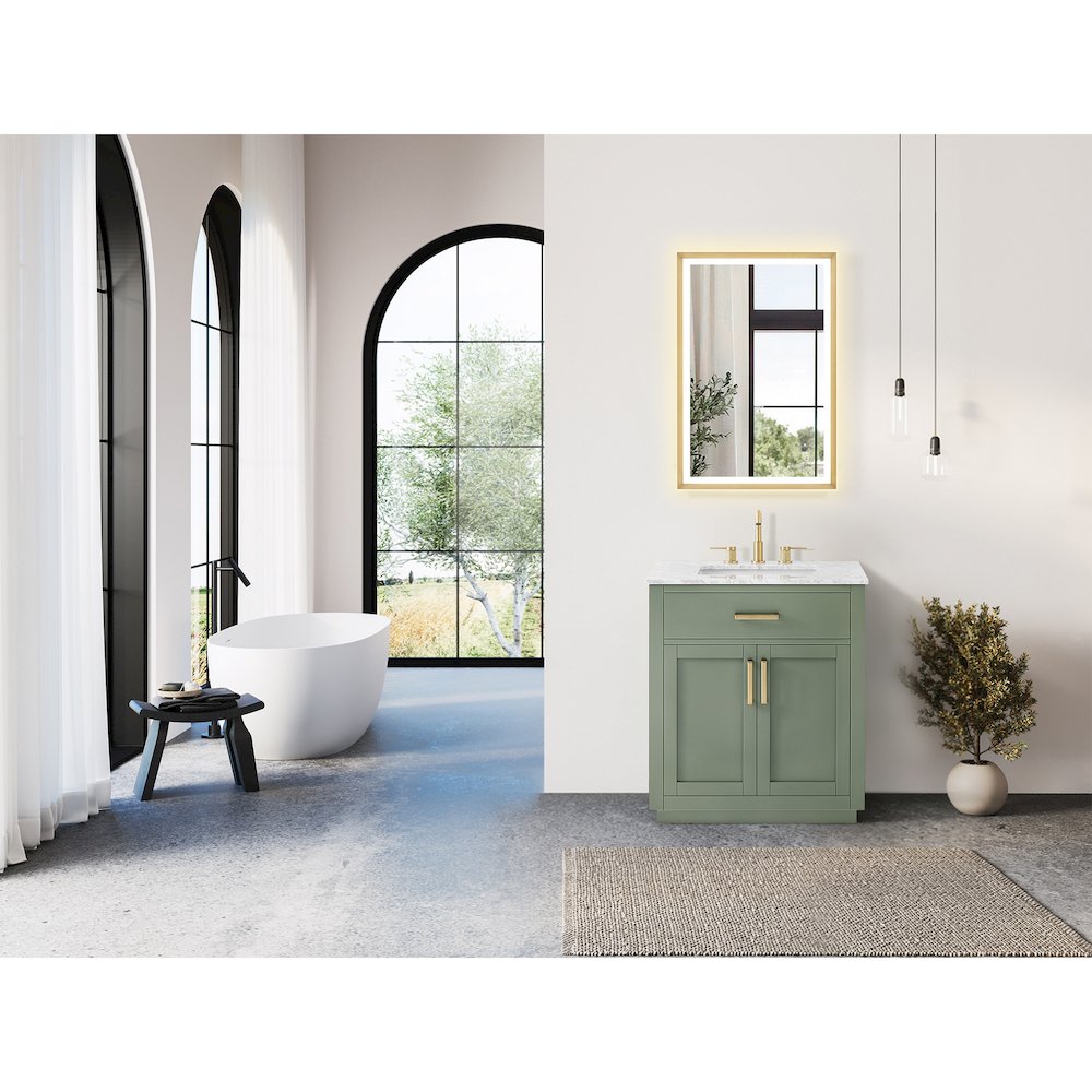 30" Single Bathroom Vanity Set in Vintage Green, Carrara White Marble Countertop