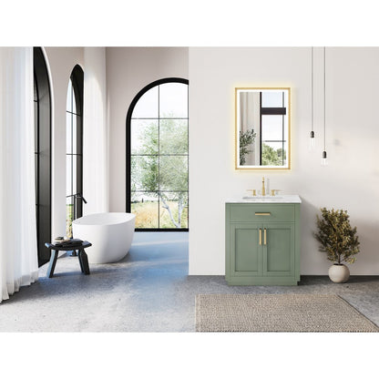 30" Single Bathroom Vanity Set in Vintage Green, Carrara White Marble Countertop