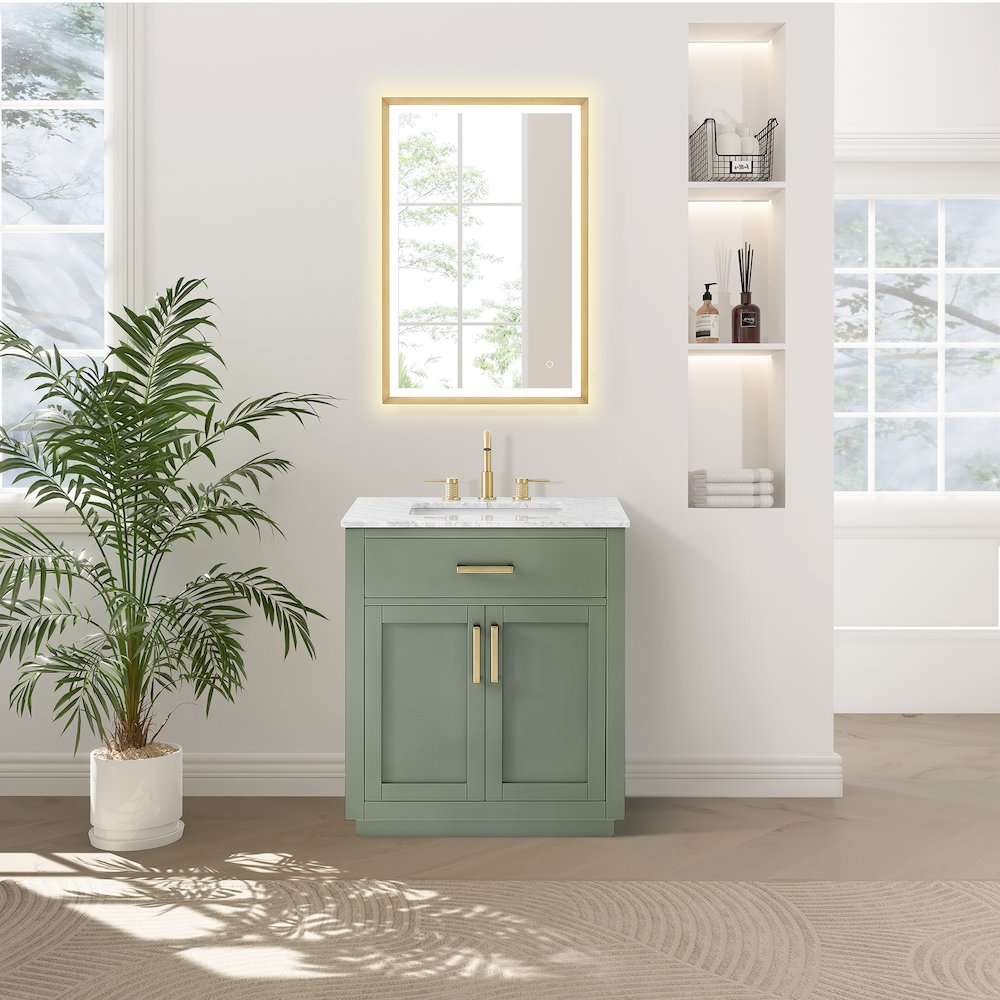 30" Single Bathroom Vanity Set in Vintage Green, Carrara White Marble Countertop