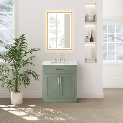 30" Single Bathroom Vanity Set in Vintage Green, Carrara White Marble Countertop