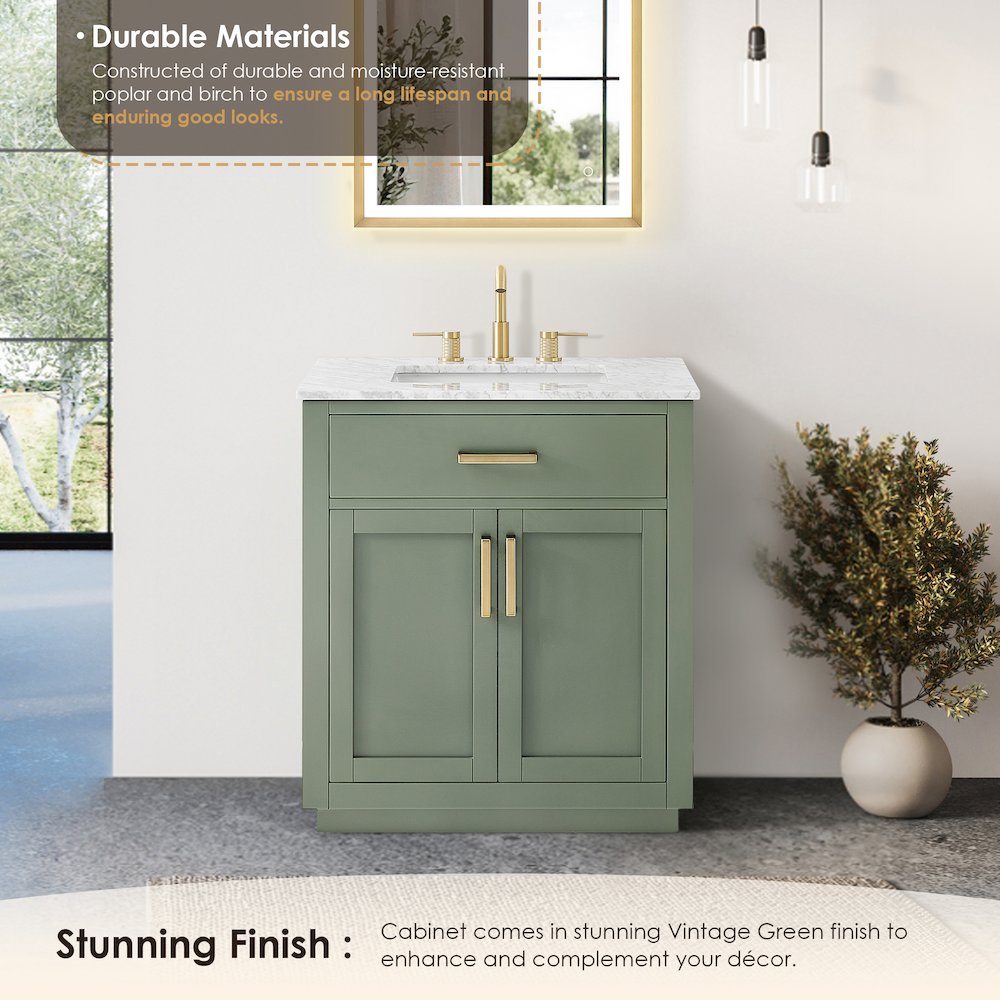 30" Single Bathroom Vanity Set in Vintage Green, Carrara White Marble Countertop