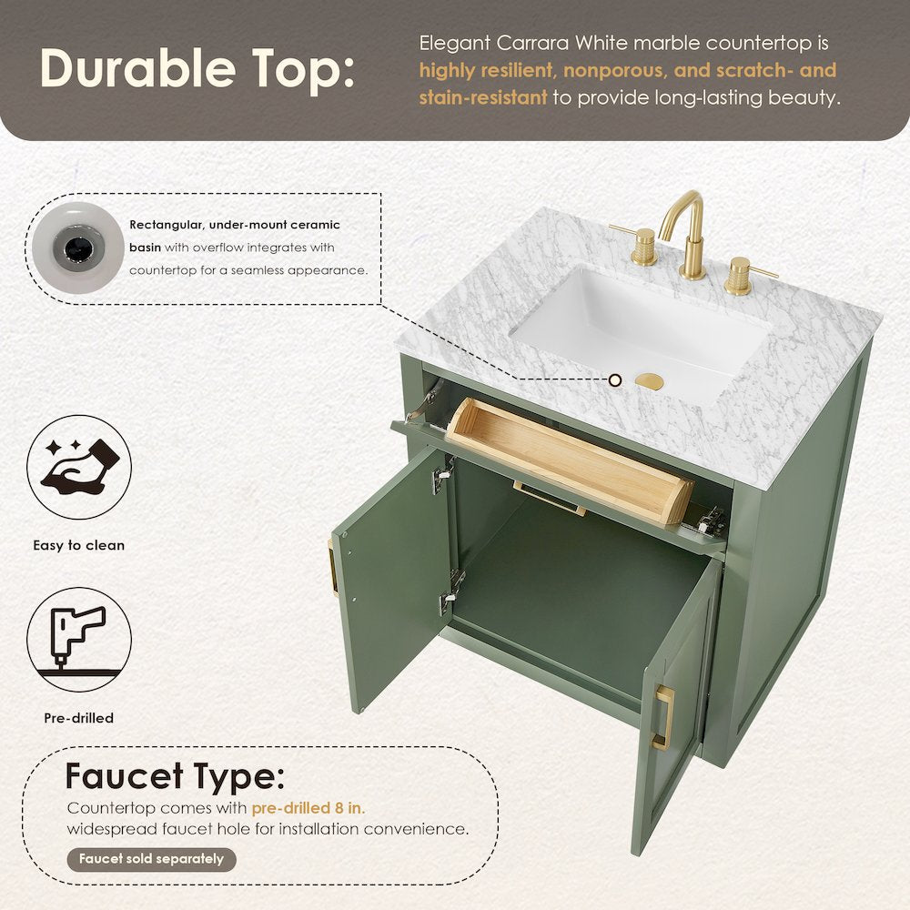 30" Single Bathroom Vanity Set in Vintage Green, Carrara White Marble Countertop
