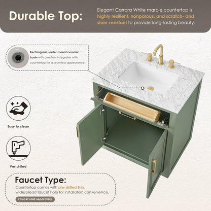 30" Single Bathroom Vanity Set in Vintage Green, Carrara White Marble Countertop