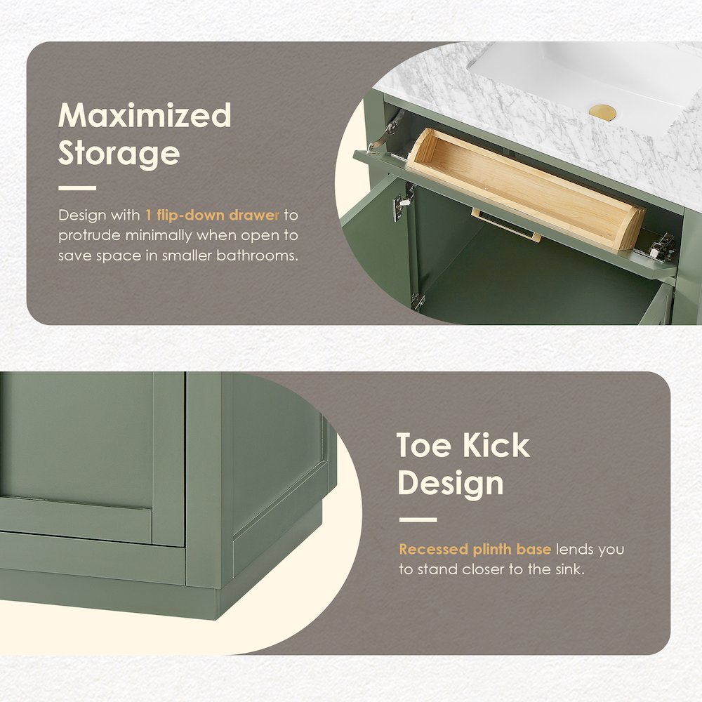30" Single Bathroom Vanity Set in Vintage Green, Carrara White Marble Countertop