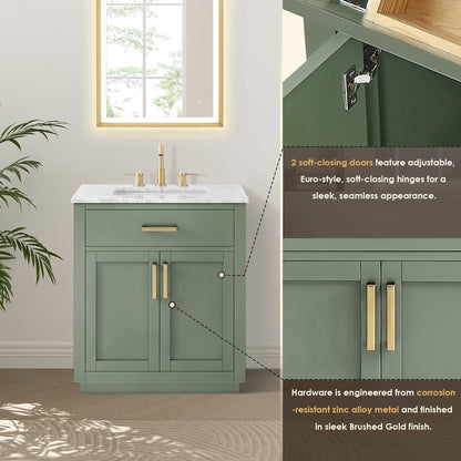 30" Single Bathroom Vanity Set in Vintage Green, Carrara White Marble Countertop