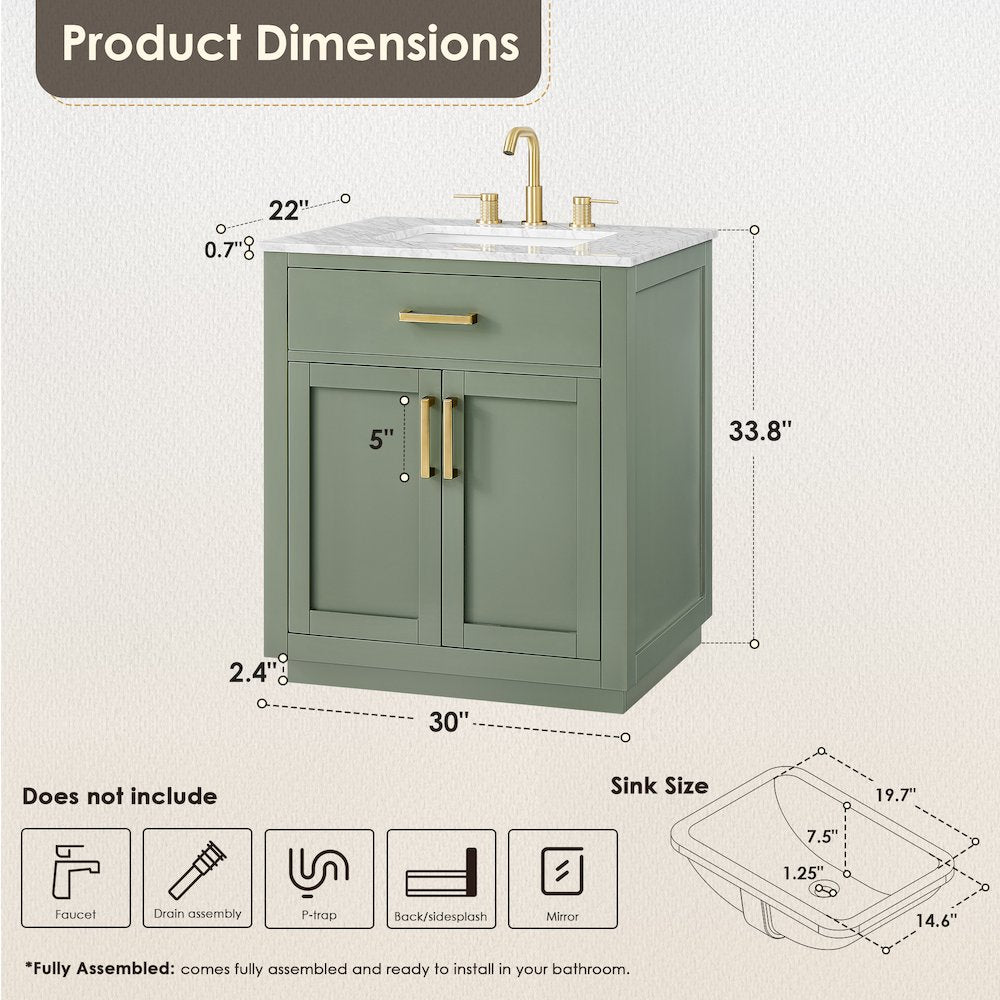 30" Single Bathroom Vanity Set in Vintage Green, Carrara White Marble Countertop