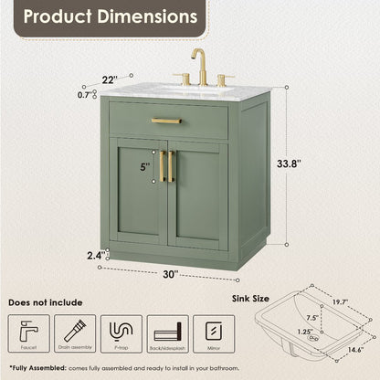 30" Single Bathroom Vanity Set in Vintage Green, Carrara White Marble Countertop