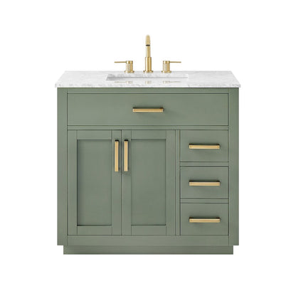 36" Single Bathroom Vanity Set in Vintage Green, Carrara White Marble Countertop