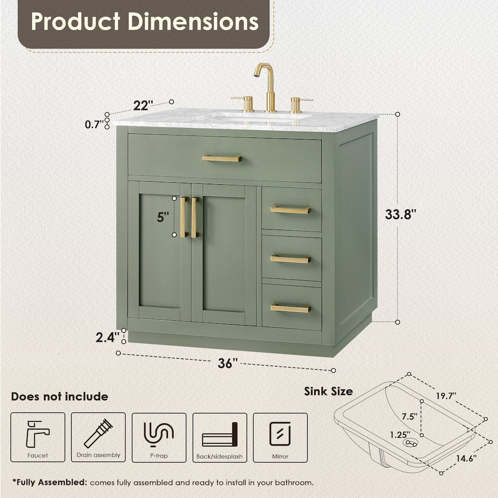 36" Single Bathroom Vanity Set in Vintage Green, Carrara White Marble Countertop
