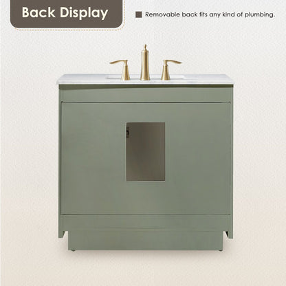 36" Single Bathroom Vanity Set in Vintage Green, Carrara White Marble Countertop