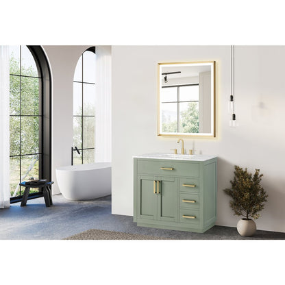 36" Single Bathroom Vanity Set in Vintage Green, Carrara White Marble Countertop
