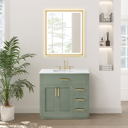 36" Single Bathroom Vanity Set in Vintage Green, Carrara White Marble Countertop
