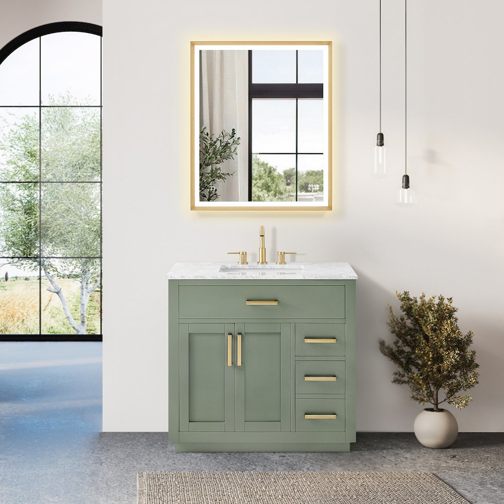 36" Single Bathroom Vanity Set in Vintage Green, Carrara White Marble Countertop