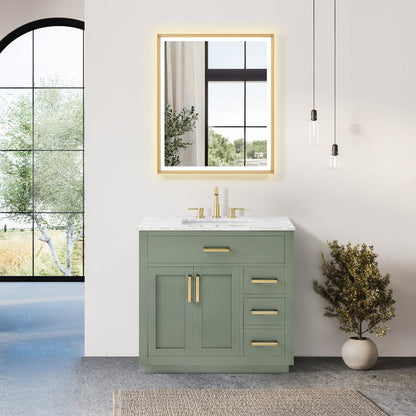 36" Single Bathroom Vanity Set in Vintage Green, Carrara White Marble Countertop
