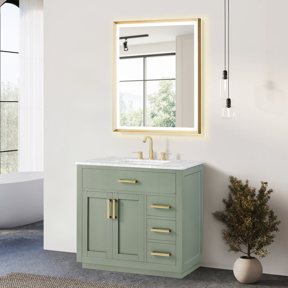 36" Single Bathroom Vanity Set in Vintage Green, Carrara White Marble Countertop