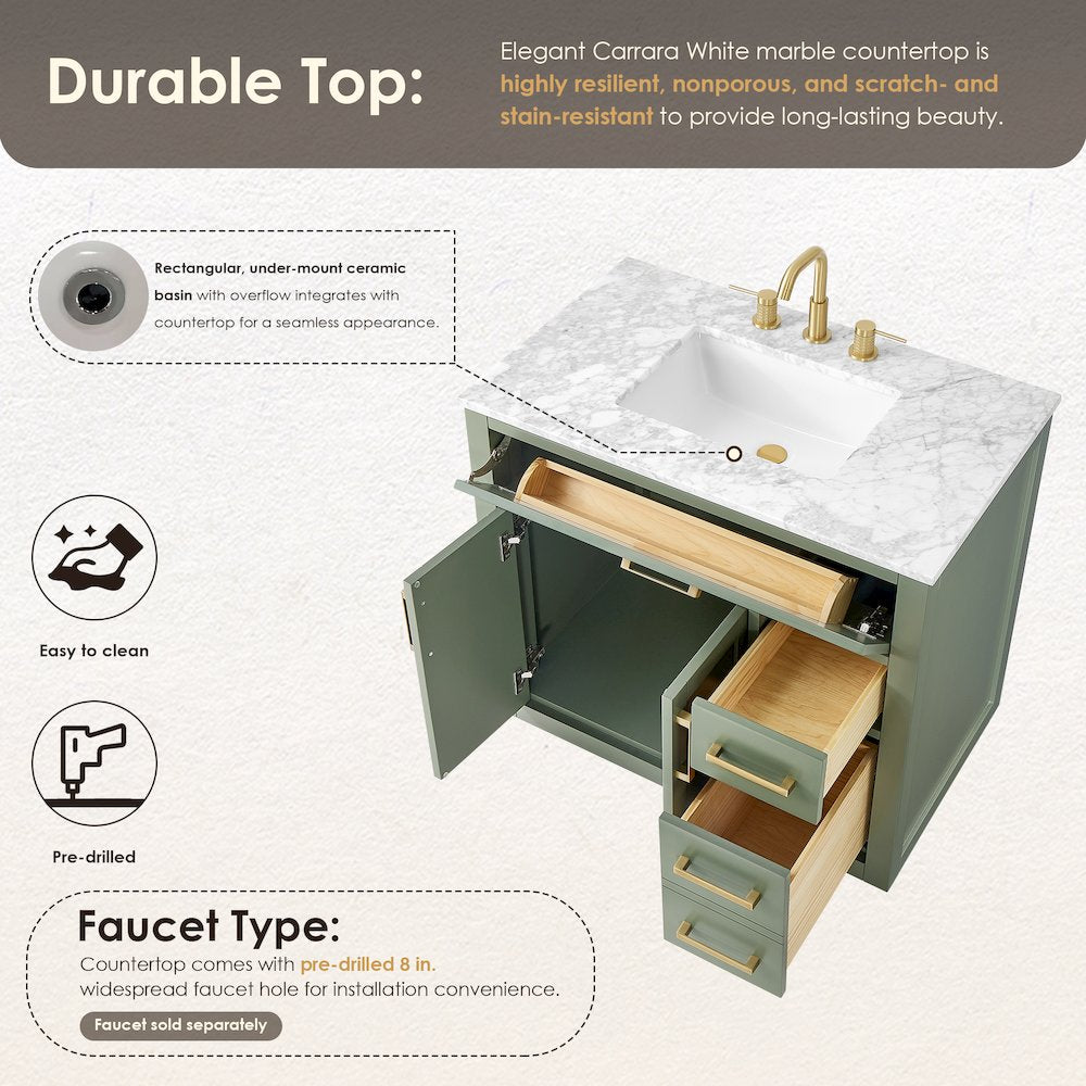 36" Single Bathroom Vanity Set in Vintage Green, Carrara White Marble Countertop