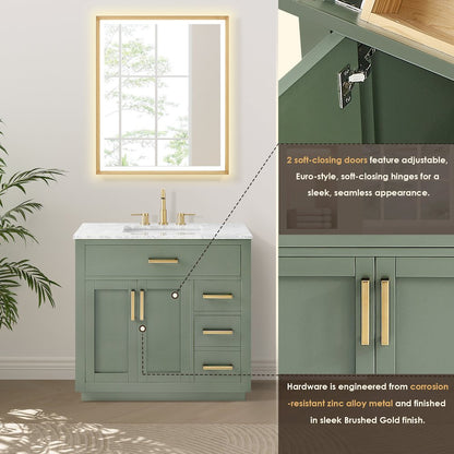 36" Single Bathroom Vanity Set in Vintage Green, Carrara White Marble Countertop